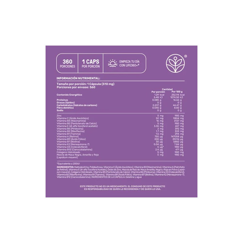 Multivitamínico Mujer Life360+ Maca Colágeno 360 Cápsulas