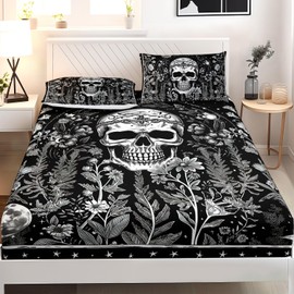 AILONEN Gothic Skull Fitted Sheet Set Queen Size, Retro Floral Moon Skull Bed Sheet Set,3 Pieces Black and White Sheet Set,1 Fitted Sheet and 2 Pillowcases