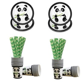 45 Pcs Panda Disposable Tableware Set, Black White Panda Party Supplies, Include Plates Cups and Paper Straws for Kids Baby Shower Birthday Decorations