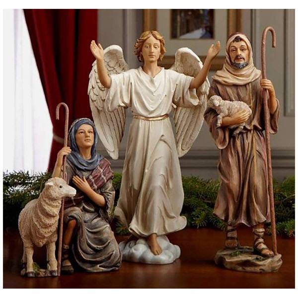 Three Kings Gifts Shepherds, Angel, Shep and Lamb, Polystone Flat Bottom Base for Stability, Home Decorating Christmas Nativity Scene Sets & Figures, 3-Pieces, for 10 inch Scale Collection