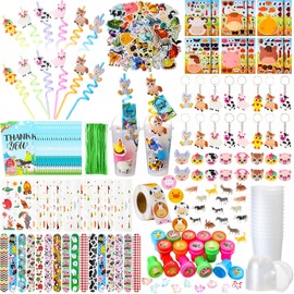 Poen 212 Pcs Farm Animal Party Favors Set Include Cup Straw Stamp Clap Bracelet Keychain Ring Puzzle Sticker Animal Miniature Card for Birthday Party Baby Shower Goody Bag Stuffer