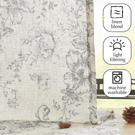 Jinchan - Cortinas de cocina de lino con diseño floral de 45 pulgadas, cortinas de café botánico, cortinas de ventana pequeña, cortinas de media ventana rústica para sala de estar, baño, lavandería, 2