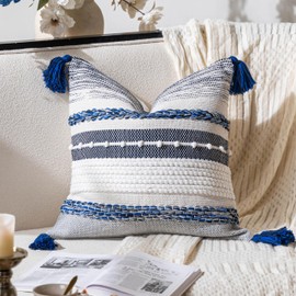 BlissBlush Navy Dark Blue Decorative Throw Pillow Cover 18x18 Square Boho Accent Pillowcase Tassels Farmhouse Cushion for Couch Sofa Bedroom Living Room Home Décor Cover ONLY