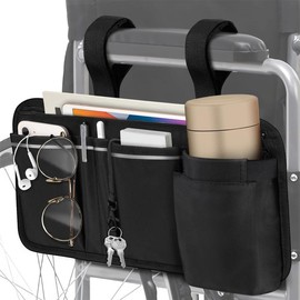 FINPAC Wheelchair Side Bag w/Cup Holder, Pen Slot & Reflective Strips, Wheelchair Storage Bag for Adults & Seniors, Fit PowerWheelchairs, Walkers, Rollators - Color: Gray