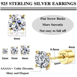 Sllaiss 3 Pairs of Stud Earrings 925 Silver Earrings Set 14K Gold Plated Piercings Stud Earrings Cubic Zirconia Stud Earrings for Women CZ Tragus Helix Piercings Ear Earrings 20G, Sterling silver,