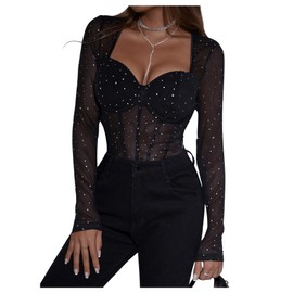 GORGLITTER Women's Rhinestone Mesh Sheer Bustier Bodysuit Sweetheart Neck Long Sleeve Leotards Black M