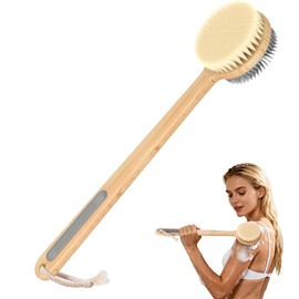 Back Scrubber for Shower - Double-Sided Silicone and Super-Dense Bristles for Deep Cleaning & Exfoliation, Bamboo Long Handle with Wider Anti-Slip Grip, Body Exfoliator for Wet or Dry Brushing