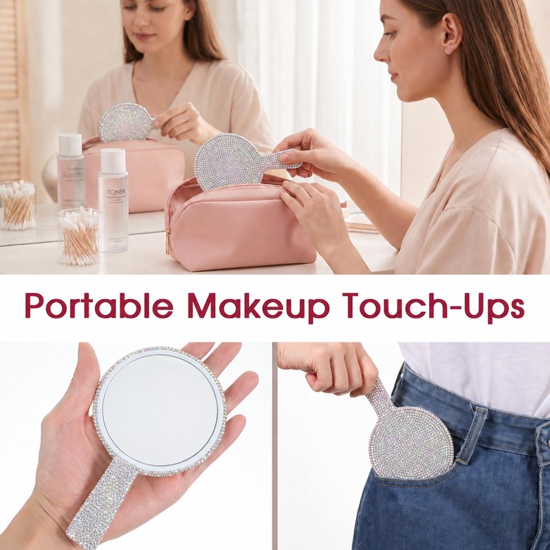 Rhinestone Hand Held Mirror with Handle Round Glitter Lash Mirror