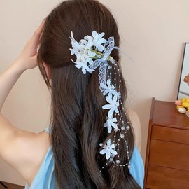 PLwelth Lily of The Valley Flower Hair Clips for Women Girls Floral Tassel Hairpin Lace Bow White Flower Hair Clips Cute Wedding Decorative Barrettes Chinese Hair Accessories for Bride Bridesmaids
