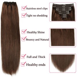 Hair Extensions Real Human Hair Chocolate Brown Remy Human Hair Extensions Clip in Natural Hair Extensions Straight Real Hair Extensions 120g 8pcs(20 inch, #4)