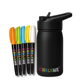 CHALKME Kids Water Bottle Insulated Stainless Steel, Leakproof for School, Sports, Travel, for Girls Boys, Includes Washable Markers, 11.9 oz