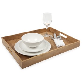 Simply Bamboo Brown Large Ribbed Rectangle Bamboo Serving Tray | Decorative Platters for Ottoman | Kitchen TableTop | Coffee Tray - 20" x 15" x 2"