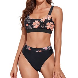 Tempt Me Women Black Floral Two Piece High Waisted Bikini Swimsuits with Bottoms Teen Scoop Neck Sport Bathing Suits L