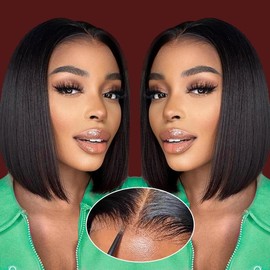 Glueless Bob Wig Human Hair 180 Density Glueless Wigs Human Hair Pre Plucked Pre Cut 5x5 Closure Wigs Human Hair Bob Lace Front Wigs Human Hair Glueless Wear and Go Short Wigs for Black Women:_4x4 straight wave_8inch