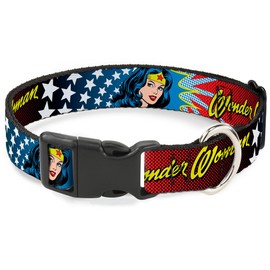 Buckle-Down Plastic Clip Collar - Wonder Woman Face w/Stars - 1/2" Wide - Fits 9-15" Neck - Large