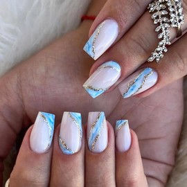 MISUD Press on Nails Medium Coffin Fake Nails Glossy Glue on Nails White Ballerina Acrylic Nails Blue Marble Ombre Artificial Nails Bling Gold Line Stick on False Nails with Design 24 pcs