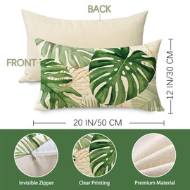 Fjfz Tropical Plant Lumbar Decorative Throw Pillow Cover 12 x 20, Rectangular Green Gold Monstera Palm Leaves Outdoor Home Decor, Spring Summer Seasonal Couch Cushion Case