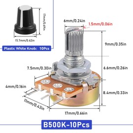 10 Sets 500K Ohm Potentiometer, WH148 Single Joint Potentiometer with Rotary Knob
