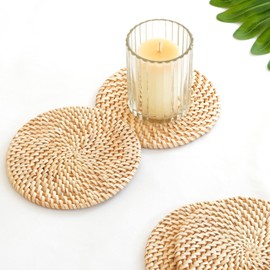 Set of 4 Decorative Round 7.25" Natural Woven Handmade Rattan Placemats