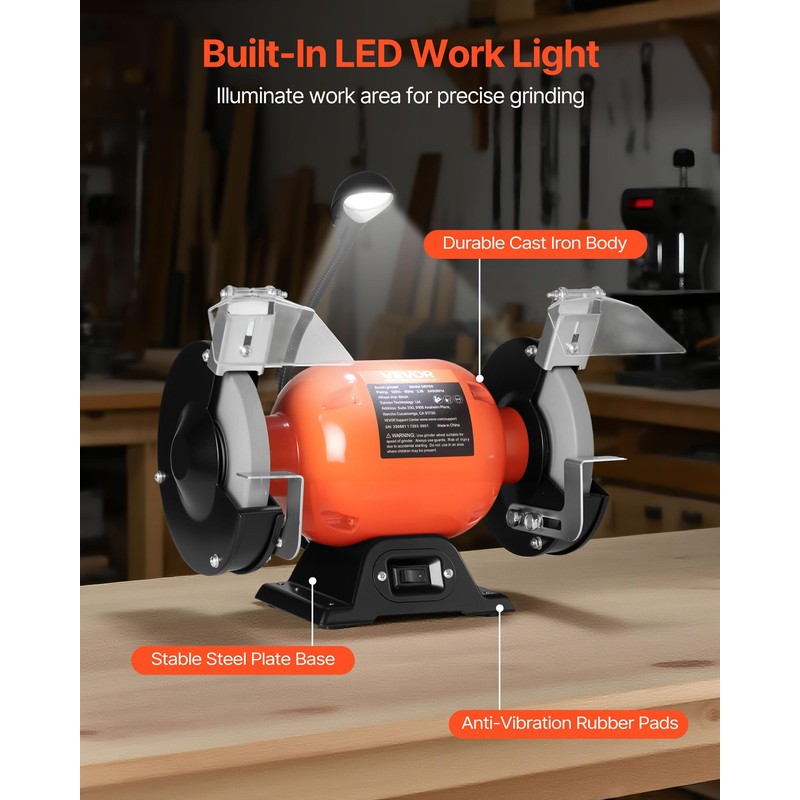 VEVOR Bench Grinder, 6-inch Single Speed Bench Grinder, 3450RPM High-Speed