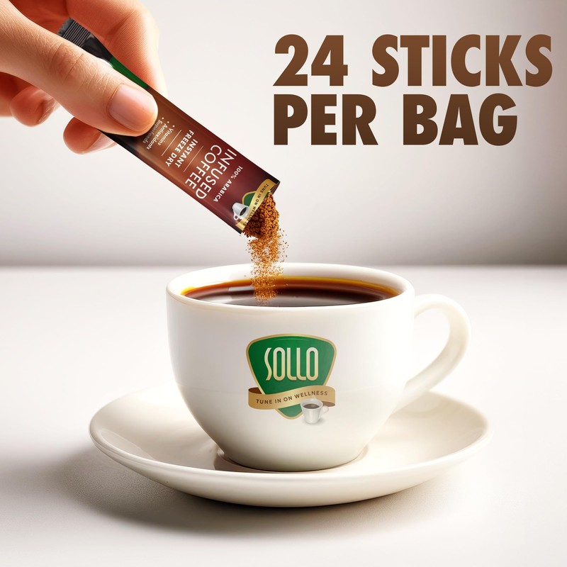 Sollo Infused Instant Mushroom Coffee Sticks, Memory & Clarity Support,