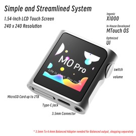 SHANLING M0 Pro MP3 Player，Hi-Res Portable Music Player with Bluetooth，Digital Audio Player 1.54” HD Touch Screen up to 15 Hour Battery Bluetooth and USB Type-C dongle 3.5mm Jacks（Sliver）