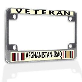 Fastasticdeals Metal Insert Bike License Plate Frame Veteran Afghanistan-Iraq Weatherproof Motorcycle Accessories Chrome 4 Holes Solid Insert