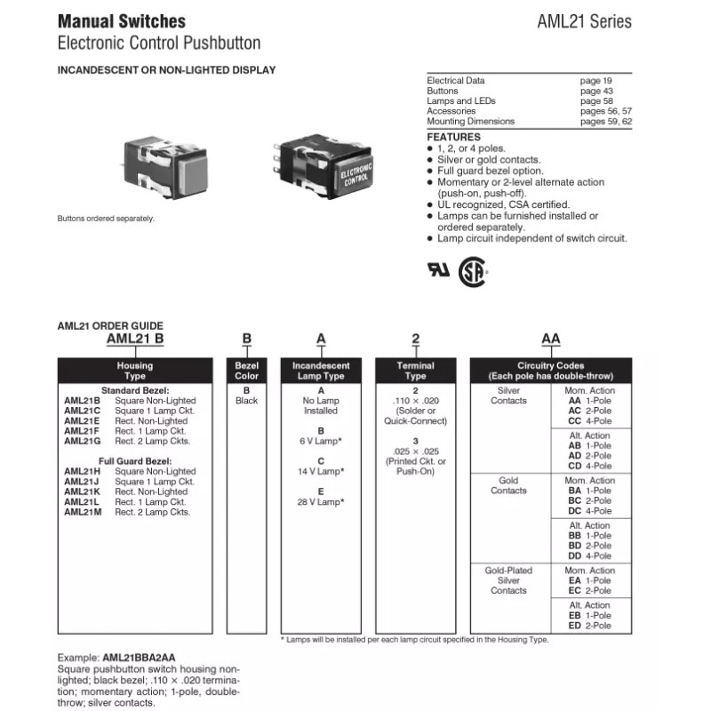 Honeywell Microswitch - AML21BBA2AA - Switch, Pushbutton, AML 21 Series.