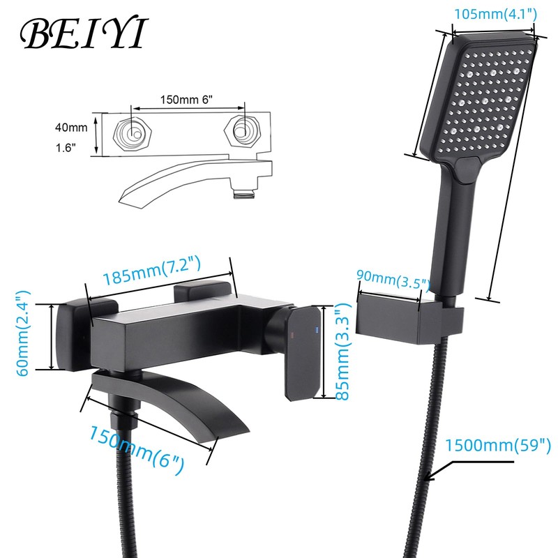 BEIYI Wall Mount Tub Faucet with 3 Functions Handheld Sprayer,