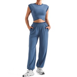 SUUKSESS Women 2 Piece Lounge Workout Sets Outfits High Waisted Wide Leg Pants Sleeveless Cropped Tops Summer(Blue L)