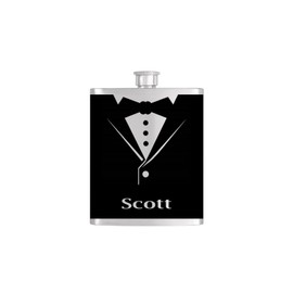 Tuxedo Black Bow Tie Groomsmen Flask with FREE Funnel - By Bottoms Up Flasks Mens Stainless Steel 8 oz Liquor Hip Flasks - Flask #283