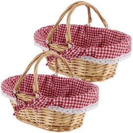 MAHIONG 2 cestas de mimbre natural con asas dobles y forro de cuadros lavable, pequeña cesta de regalo tejida a mano vacía para Pascua, picnic, regalos, decoración del hogar, almacenamiento de frutas