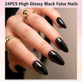 Black False Nails Almond Medium - Acrylic Press on Nails Almond - Glossy Pure Color Black Fake Nails Short with Glue - Full Cover Stick on nails Soft Gel for Women Daily Wear Nail Art
