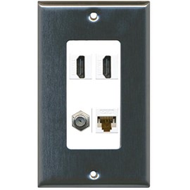 RiteAV - 2 Port HDMI 1 Port Coax Cable TV- F-Type 1 Port Cat6 Ethernet Decorative Wall Plate - Stainless Steel/White