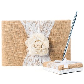 BETTERLINE Rustic Wedding Guest Book Made of Burlap and Lace - Includes Matching Pen Holder and Silver Pen - 120 Lined Pages for Guest Thoughts - Comes in Gift Box (White Rose)
