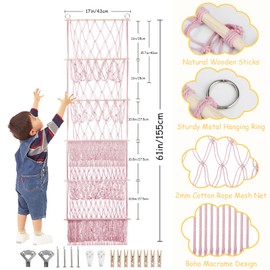 iHansee 5 Tier Stuffed Animal Storage Shelf Net, 17x61 Inch Large Plushie Net w/LED Light & Clips for Mini Medium Stuffy Teddy, Pink Boho Macrame Wall Toy Holder Display for Nursery Kids Girls Boys