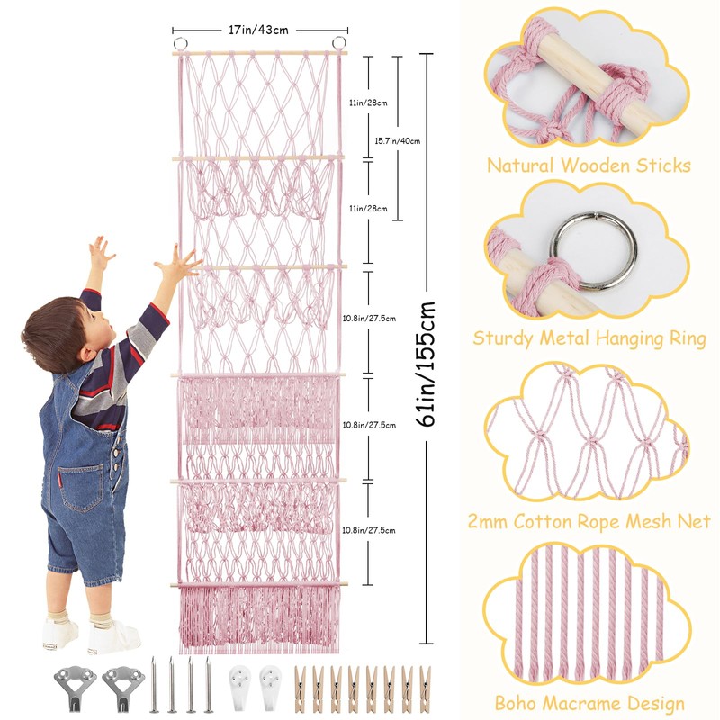 iHansee 5 Tier Stuffed Animal Storage Shelf Net, 17x61 Inch