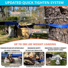 HOKINETY Zip Line Kit for Kids Adults : 120FT Up to 380Lbs - Quick Tighten Zipline for Backyard Outdoor with 100% Rust Proof Removable Trolley Seat Spring Brake