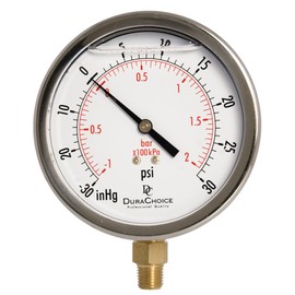 4" Oil Filled Vacuum Pressure Gauge - Stainless Steel Case, Brass, 1/4" NPT, Lower Mount Connection, 30HG/30PSI