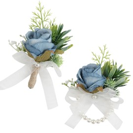 Alizeal 2Pcs of Wrist Corsage and Boutonniere Set, Artificial Flowers Accessories Suit Decor for Wedding Prom Party Homecoming Ceremony, Light Blue