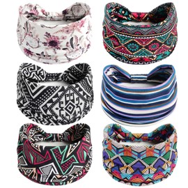 Pack of 6 Headbands for Women Wide Knotted Turban Bandana Boho Headscarves Wraps Yoga Hair Bands Fabric Elastic Headband Sports Running Headscarves