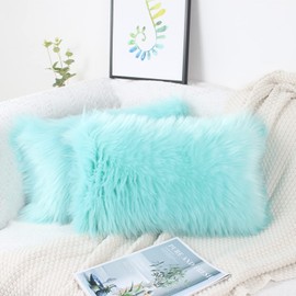 OYIMUA Turquoise 12 x 20 Inches Cushion Covers Pack of 2 Fluffy Soft Faux Fur Square Pillowcases, Luxury Home Decorative Super Soft Plush Pillow Covers Case 30x50cm for Sofa Bed Living Room