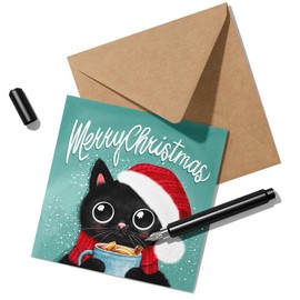 Cat Christmas Card with Santa Hat - Cute Xmas Greeting Card with Envelope for Family, Friends, and to All of You