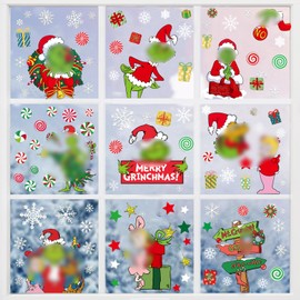 Christmas Window Clings Decorations for Window Glass, Large Xmas Green Red Stickers Decals Decor 9 Sheets Reusable Double Sided Window Stickers, Merry Christmas Gel Decals Indoor Party Supplies