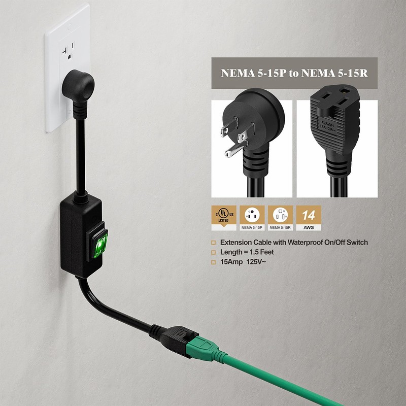1.5Feet 90Degree Waterproof Extension Power Cord, in-Line On-Off Switch Extension