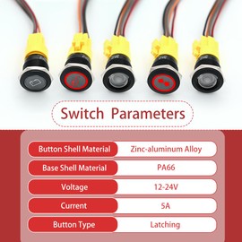 FILN Latching Push Buttons Light Switch,Marine Power Waterproof Switch 12V, Turn Signal Toggle Ignition Switches On Off, Push Button Starter Led Light Switches(185 Replaceable Symbols, 19mm Red, 1PCS)
