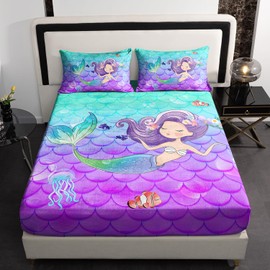 AILONEN Cute Cartoon Mermaid Milk Velvet Fitted Sheet,Beautiful Little Mermaid Cozy Comfy Flannel Bed Sheets for Girls Kids Boys Twin Size,Jellyfish Theme Soft Velvet Fleece Fitted Sheets