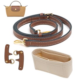 LOUKAYCCI 2 Kit Mini Bag Leather Shoulder Strap and Felt Purse Organizer Insert for Longchamp mini XS Bag Punch-Free Adjustable Buckle Design（Beige & Strap）