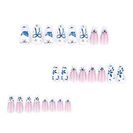 24Pcs Blue Press on Nails Medium Almond Nails French Tip Fake Nails with Designs Spring Flower False Nails Reusable Summer Acrylic Nails Full Cover Blue Floral Bow Glue on Nails for Women Nail Art
