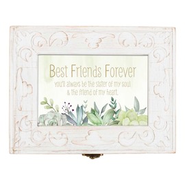 Cottage Garden Best Friends Forever 8.5 x 6.5 x 2.25 Inch, Durable MDF Large Fleur De Lis Carved Distressed Whitewash Memory Keepsake Music Box, Plays Music of Wind Beneath My Wings